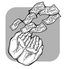 Big dollars banknotes money in your hands. Finance business, commerce, payment economy  theme for poster print, design elements. Take or give loan. Hand drawn illustration. Cartoon style drawing.