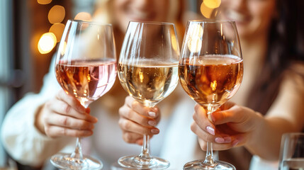 A group of girlfriends toasting glasses of wine in light pink and gold colors, close-up.