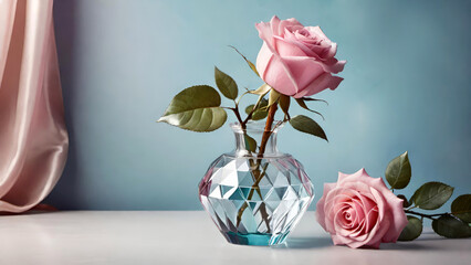Beautiful tender pink roses in a glass vase on the table on pastel  blue background with copy space. Minimal home decor. Festive floral concept.
Generative AI