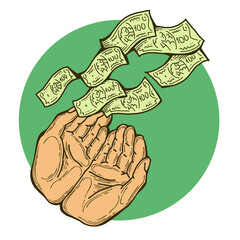 Big dollars banknotes money in your hands. Finance business, commerce, payment economy  theme for poster print, design elements. Take or give loan. Hand drawn illustration. Cartoon style drawing.