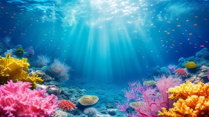 Underwater seascape with colorful coral reefs and marine life