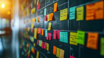 Colorful sticky notes on a blackboard for brainstorming and project planning in an office - obrazy, fototapety, plakaty