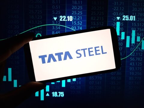 Konskie, Poland - January 31, 2024: Tata Steel company logo displayed on mobile phone