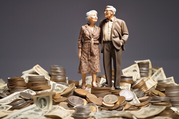 couple older figure standing on money coins saving for concept pension and retirement planning