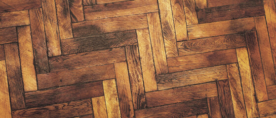 Background and texture of old yellow parquet. Panorama.	