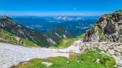 Aerial view of alpine lakes Laghi di Fusine in Tarvisio, Friuli-Venezia Giulia, Italy, Europe. View of mountain peak Dobratsch, Gailtal Alps, Carinhtia, Austria. Hiking trail to Mangart, Julian Alps