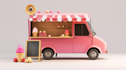 Ice cream food truck, isolated van, cartoon car for street food icecream Automobile cafe on wheels with ice cream assortment, loudspeaker on rood and chalkboard, 3d illustration.