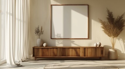 Cozy minimalist interior design with wooden credenza and natural light