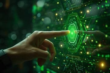 Finger pointing to a glowing center on a green circuit board
