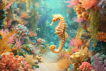 Fototapeta na wymiar Image for 3d floor. Underwater world. Seahorse. corals.