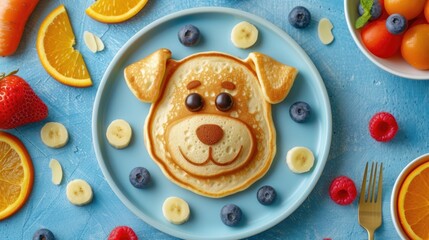 Pancakes decorated background, funny animal happy smile with berry, fruit on plate. American breakfast pancakes, children food, creative kid menu for birthday, party, advert or package. Top view