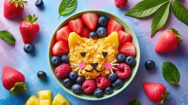 Pancakes decorated background, funny animal happy smile with berry, fruit on plate. American breakfast pancakes, children food, creative kid menu for birthday, party, advert or package. Top view