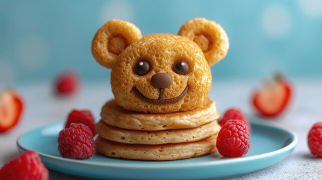 Pancakes decorated funny animal happy smile with berry, fruit on plate. American breakfast pancakes, children food, creative kid menu for birthday, party, advert or package