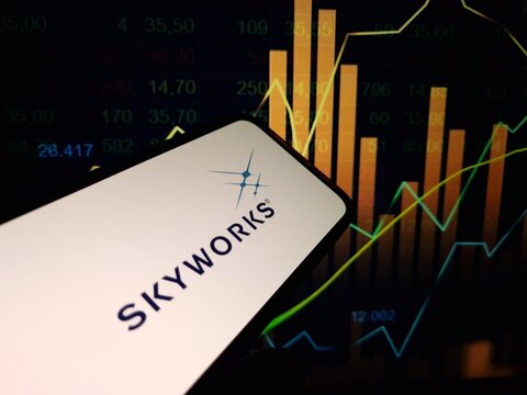 Konskie, Poland - January 31, 2024: Skyworks Solutions company logo displayed on mobile phone