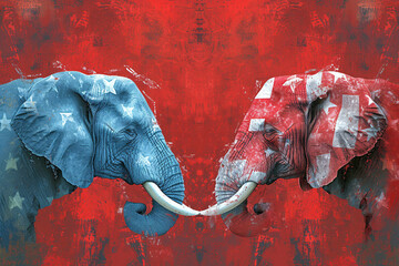 Elephants with American flag colors facing each other on a red backdrop