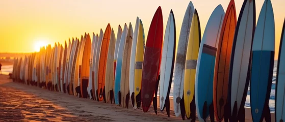 Rolgordijnen Surfboard on the beach at sunset - panoramic banner. Surfboards on the beach. Vacation Concept with Copy Space. © John Martin