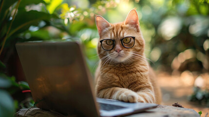 Cute cat call center worker, online support worker in headphones with laptop. Cat working outside. Funny creative concept for advert, poster, app, web