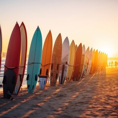 Surfboard on the beach at sunset - panoramic banner. Surfboards on the beach. Vacation Concept with...