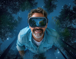 Man wearing a VR headset looking up at a night sky through a canopy of trees