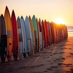 Foto op Canvas Surfboard on the beach at sunset - panoramic banner. Surfboards on the beach. Vacation Concept with Copy Space. © John Martin