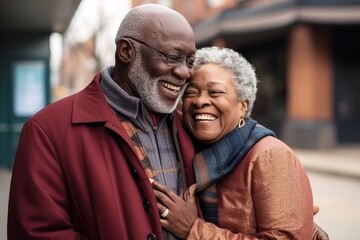 Happy black man hugging his wife on city street