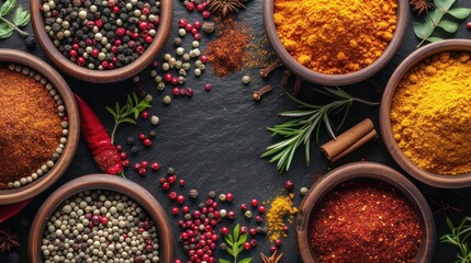 Variety of spice and herbs for cooking in bow, creative dark background, top view. Mixed spices seasoning for restaurant, menu, advert or package, close up. Top view