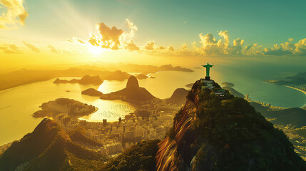 oil painting on canvas, view of Aerial of Christ and Sugar Loaf Mountain at sunset, Rio De Janeiro, Brazil.