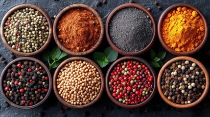Variety of spice and herbs for cooking in bow, creative dark background, top view. Mixed spices seasoning for restaurant, menu, advert or package, close up. Top view