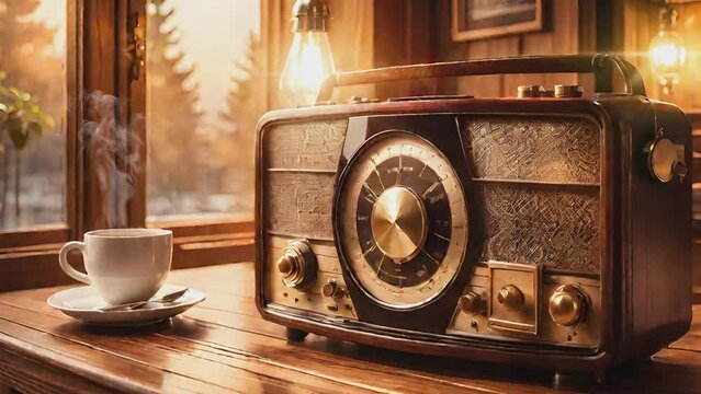 old antique radio and a cup of hot coffee near the window with vintage atmosphere and old timey effects. Seamless looping 4K video background.