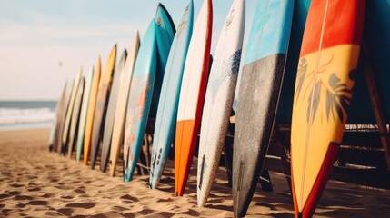 Surfboards on the beach at sunset time - Vintage filter effect. Surfboards on the beach. Vacation Concept with Copy Space. - obrazy, fototapety, plakaty