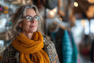 Mature woman with glasses and yellow scarf looking thoughtful