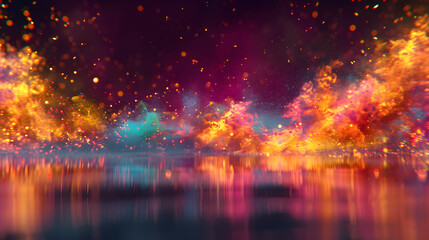abstract background with colorful bokeh lights and water reflection.