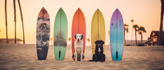 Cute dogs with surfboards on the beach at sunset time. Surfboards on the beach. Vacation Concept...