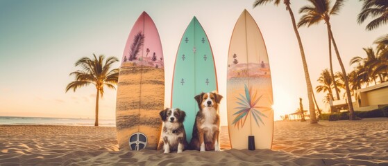 Australian shepherd dog and surfboards on the beach at sunset time. Surfboards on the beach....