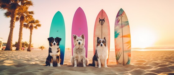 Group of Australian Shepherd dogs on the beach with surfboards at sunset. Surfboards on the beach. Vacation Concept with Copy Space. - obrazy, fototapety, plakaty