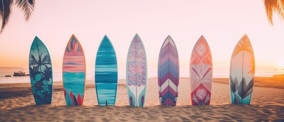 Surfboards on the beach at sunset time - Vintage filter effect. Surfboards on the beach. Vacation...