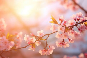 This photo showcases the exquisite beauty of a branch adorned with delicate pink flowers, Spring blossom background Nature scene with blooming tree and sun flare, AI Generated