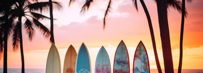 Fotobehang Surfboards on the beach at sunset, panoramic banner. Surfboards on the beach. Vacation Concept with Copy Space. © John Martin