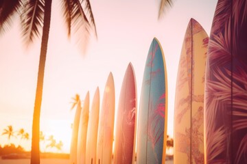 Surfboards on the beach with palm trees - vintage filter effect. Surfboards on the beach. Vacation Concept with Copy Space. - obrazy, fototapety, plakaty