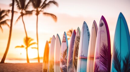 Surfboards on the beach with palm trees and sunset sky background. Surfboards on the beach. Vacation Concept with Copy Space. - obrazy, fototapety, plakaty