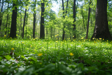 Low angle view of sunny forest with green grass and yellow flowers