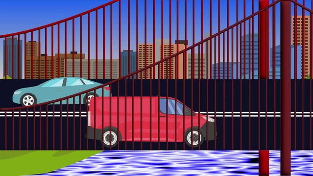 Cartoon flat animation of cars running on the bridge over the river