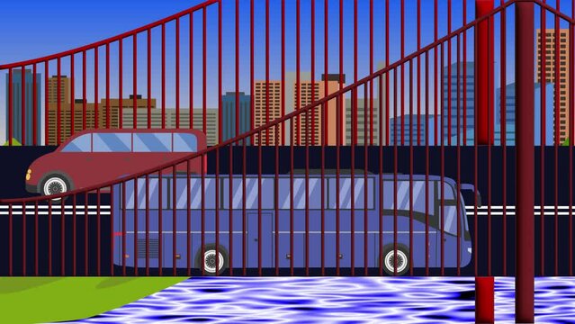 Cartoon flat animation of cars running on the bridge over the river