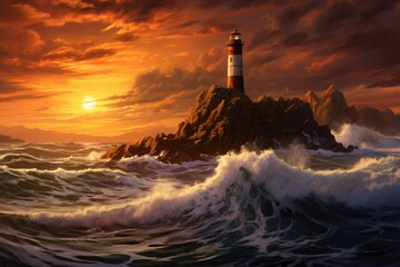 A captivating painting showcasing a lighthouse standing tall amidst the endless waves, Sunset view of a lighthouse on a rocky cliff, with crashing waves below, AI Generated