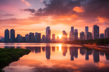 Dramatic sunset view of the iconic skyline with river. Ai generated.