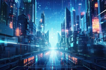 Futuristic City With Neon Lights and Skyscrapers, A Modern Metropolis of Bright Horizons, Technofuturistic background in cyberpunk style, AI Generated