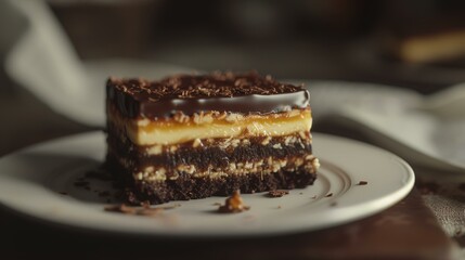 A piece of chocolate cake on a white plate. Selective focus.