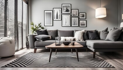 Monochrome living room with wood and grey tiling accents and chevron pattern rug
