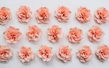Flowers composition. Pattern made of pink rose flowers on white background