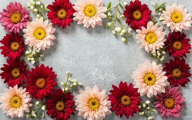 Flowers compositionle background. Flat lay, top view, copy space